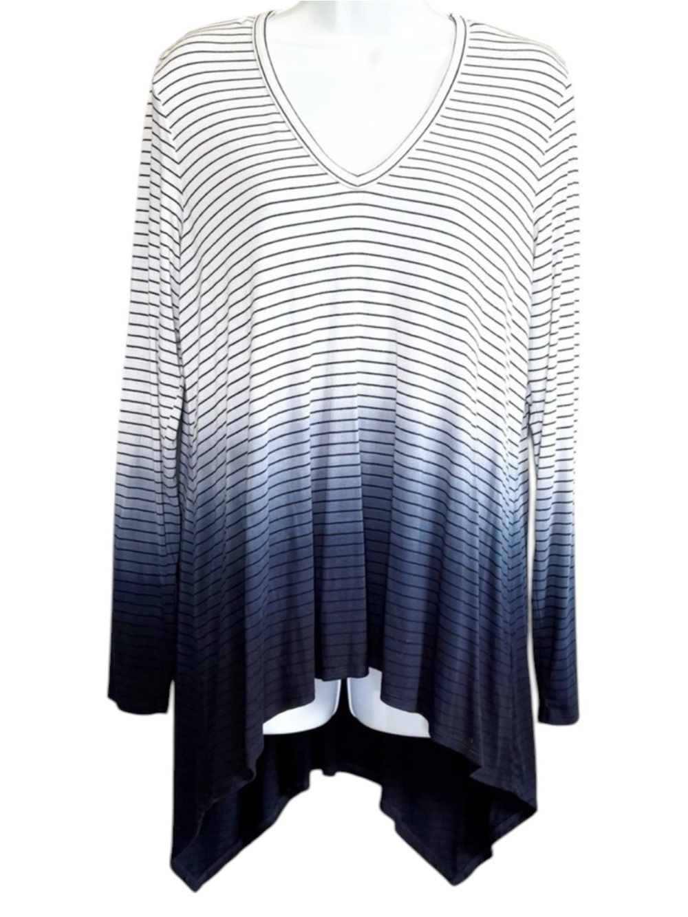 KAREN KANE Ombre Stripe Asymmetrical Tunic Top Long Sleeve Blue White Large